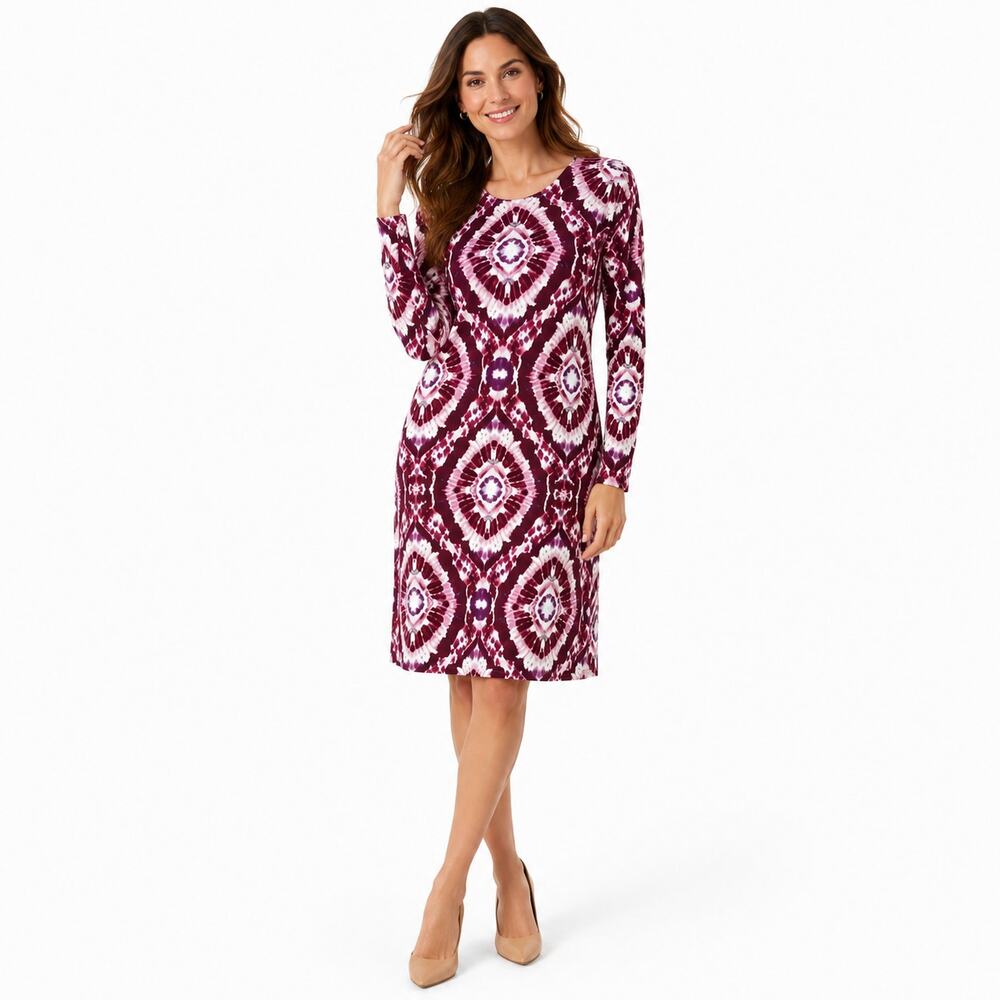 Belle Boho by Kim Gravel Dress Women’s L Burgundy Geometric Print Long Sleeve
